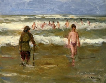 マックス・リーバーマン Painting - 海岸監視員と水浴びをする少年たち 1907年 マックス・リーバーマン ドイツ印象派